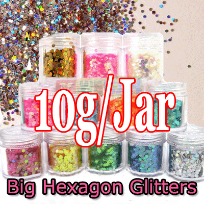 12 BIG HEXAGON GLITTER NAIL ART DECORATION TOOL 10G/Jar